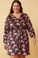 HK1348 NAVY Womens Floral Burnout Velvet Belted Wrap DressFull Body