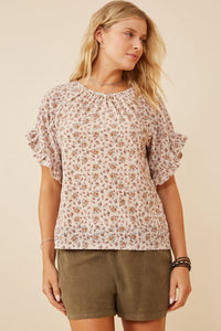 HK1350W BEIGE Plus Floral Print Velvet Knit Ruffle Sleeve Top Front
