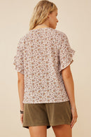 HK1350 Beige Womens Floral Print Velvet Knit Ruffle Sleeve Top Back