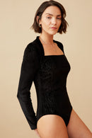 HK1353 BLACK Womens Brushed Lurex Square Neck Long Sleeve Bodysuit Side 2