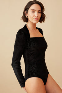 HK1353 BLACK Womens Brushed Lurex Square Neck Long Sleeve Bodysuit Side 2