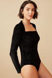 HK1353 BLACK Womens Brushed Lurex Square Neck Long Sleeve Bodysuit Side 2
