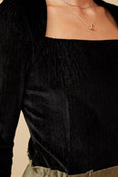 HK1353 Black Womens Brushed Lurex Square Neck Long Sleeve Bodysuit Front