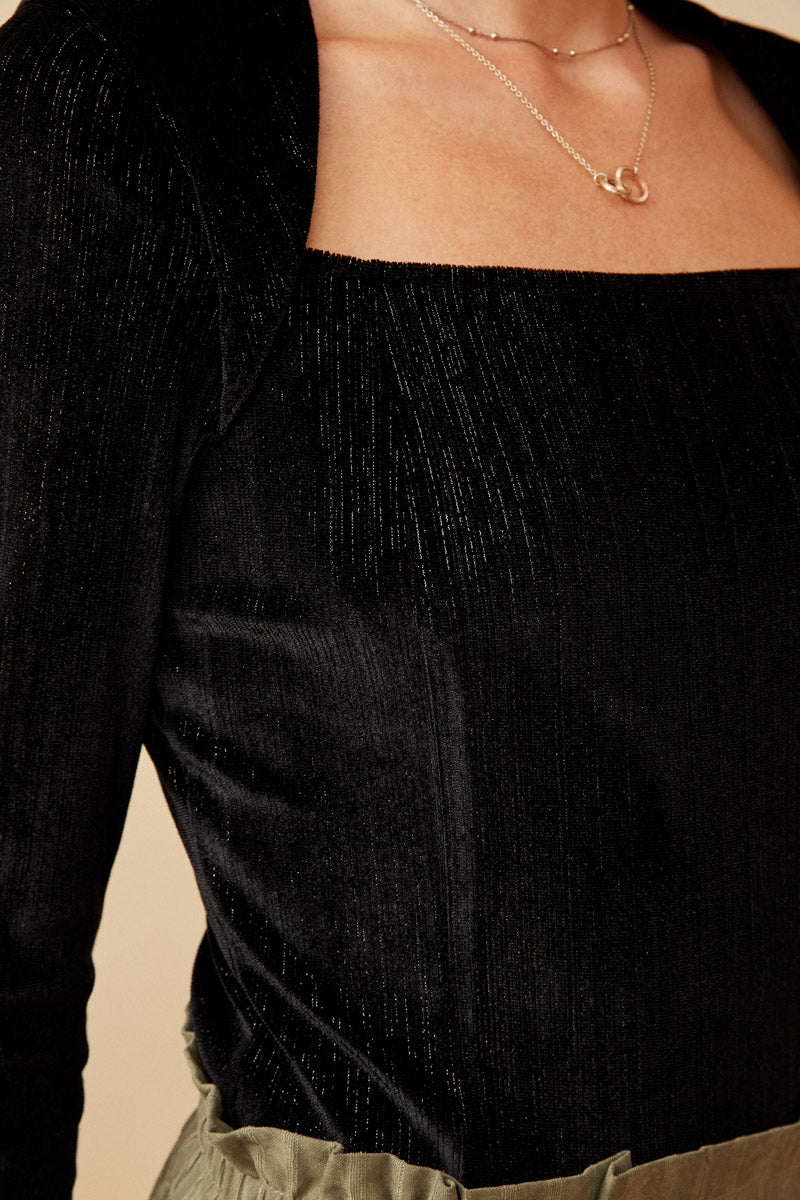 HK1353 Black Womens Brushed Lurex Square Neck Long Sleeve Bodysuit Front