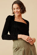 HK1353 Black Womens Brushed Lurex Square Neck Long Sleeve Bodysuit Full Body