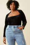 HK1353 Black Womens Brushed Lurex Square Neck Long Sleeve Bodysuit Editorial