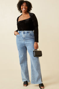 HK1353 Black Womens Brushed Lurex Square Neck Long Sleeve Bodysuit Front