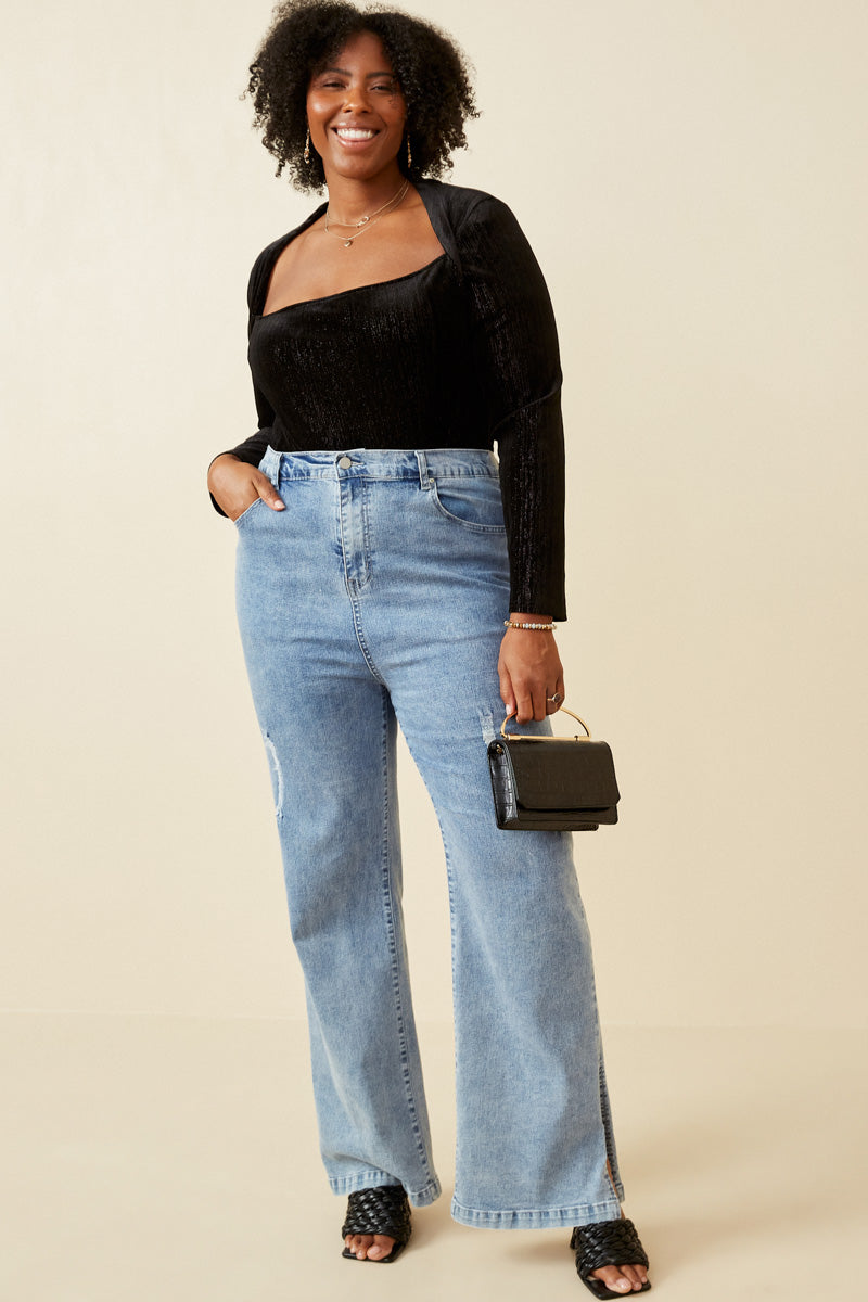 HK1353 Black Womens Brushed Lurex Square Neck Long Sleeve Bodysuit Front