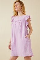 HK1375 LAVENDER Womens Textured Lace Trim Ruffle Sleeve Top Gif