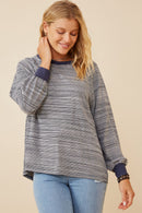 HK1437 Navy Womens Striped Contrast Banded Raglan Knit Top Back