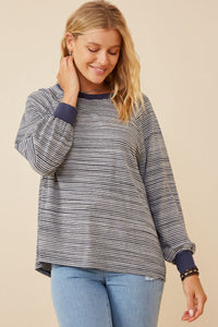 HK1437 Navy Womens Striped Contrast Banded Raglan Knit Top Back