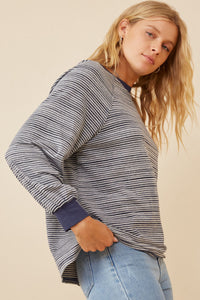 HK1437W NAVY Womens Striped Contrast Banded Raglan Knit Top Full Body