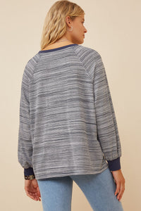HK1437W NAVY Womens Striped Contrast Banded Raglan Knit Top Side