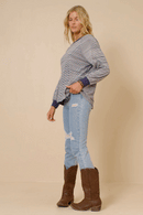 HK1437W NAVY Womens Striped Contrast Banded Raglan Knit Top Front