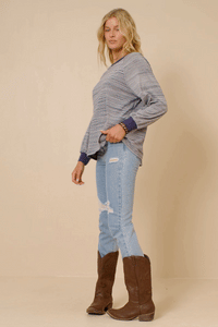 HK1437W NAVY Womens Striped Contrast Banded Raglan Knit Top Front