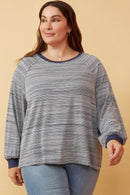 HK1437 Navy Womens Striped Contrast Banded Raglan Knit Top Front