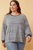 HK1437 Navy Womens Striped Contrast Banded Raglan Knit Top Front