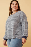 HK1437 Navy Womens Striped Contrast Banded Raglan Knit Top Front 2