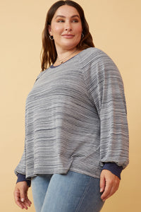 HK1437 Navy Womens Striped Contrast Banded Raglan Knit Top Front 2