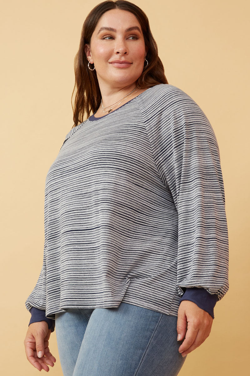 HK1437 Navy Womens Striped Contrast Banded Raglan Knit Top Front 2