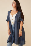 HK1438 Blue Womens Washed Textured Short Sleeve Kimono Front 2