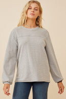 HK1443 Grey Womens Stripe Blocked Puff Sleeve Knit Top Front