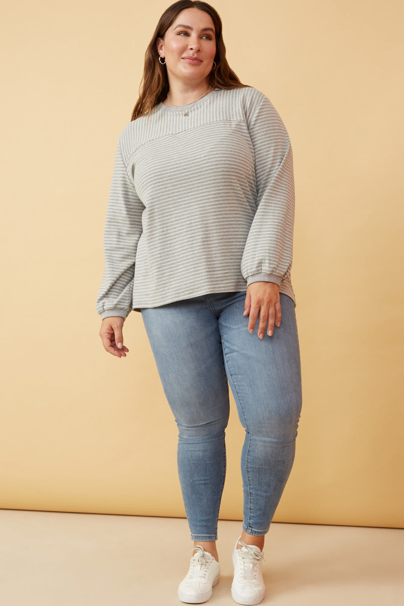 HK1443W GREY Womens Stripe Blocked Puff Sleeve Knit Top Front