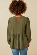 HK1449 OLIVE Womens Floral Embroidered Textured Peplum Top Full Body