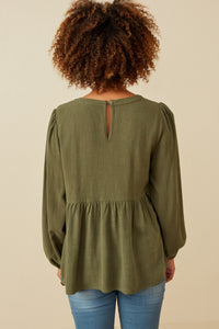 HK1449 OLIVE Womens Floral Embroidered Textured Peplum Top Full Body