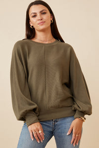 HK1468W Olive Plus Seam Detail Cuffed Knit Dolman Top Front