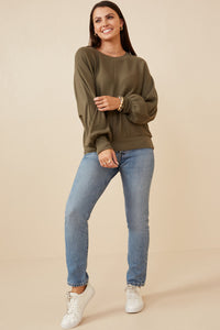 HK1468W Olive Plus Seam Detail Cuffed Knit Dolman Top Full Body