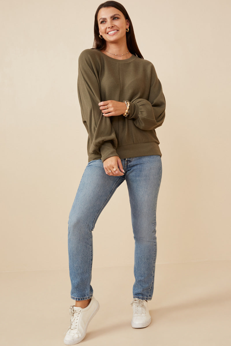 HK1468W Olive Plus Seam Detail Cuffed Knit Dolman Top Full Body
