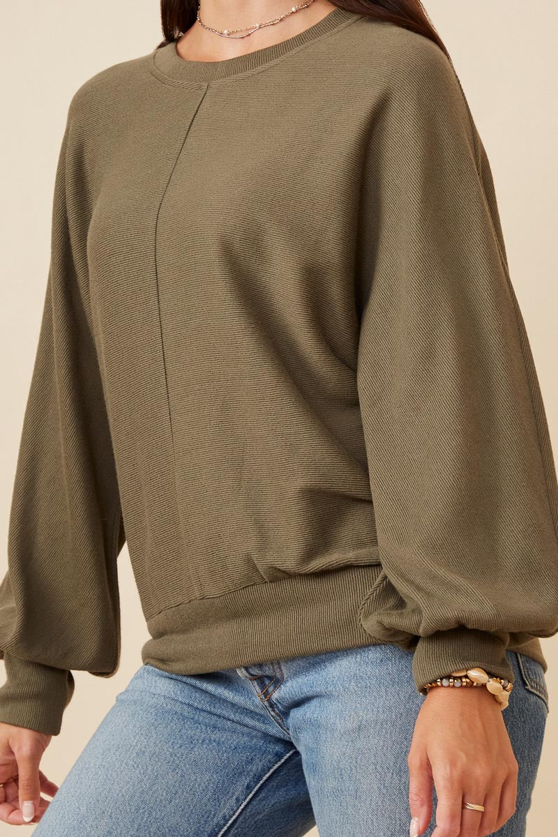 HK1468W Olive Plus Seam Detail Cuffed Knit Dolman Top Side