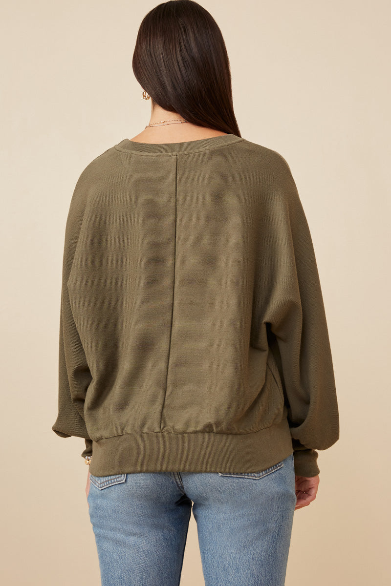 HK1468W Olive Plus Seam Detail Cuffed Knit Dolman Top Back