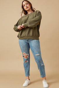 HK1468 Olive Womens Seam Detail Cuffed Knit Dolman Top Full Body