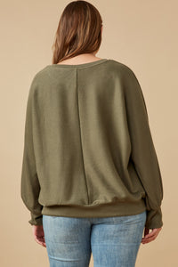 HK1468 Olive Womens Seam Detail Cuffed Knit Dolman Top Back