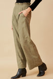HK1484 OLIVE Womens Pleated Front Striped Wide Leg Pants Side
