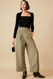 HK1484 OLIVE Womens Pleated Front Striped Wide Leg Pants Full Body