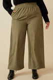 HK1484 Olive Plus Pleated Front Striped Wide Leg Pants Front