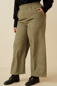 HK1484 Olive Plus Pleated Front Striped Wide Leg Pants Front