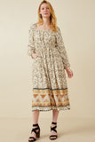 HK1506 STONE Womens Floral Border Print Smocked Square Neck Dress Front