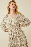 HK1506W Stone Plus Floral Border Print Smocked Square Neck Dress Full Gif