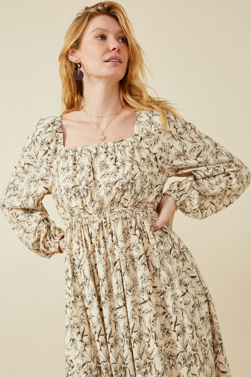 HK1506W Stone Plus Floral Border Print Smocked Square Neck Dress Full Gif