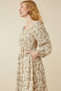 HK1506 STONE Womens Floral Border Print Smocked Square Neck Dress Full Body