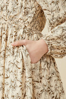 HK1506 STONE Womens Floral Border Print Smocked Square Neck Dress Side