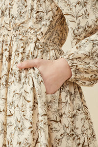 HK1506 STONE Womens Floral Border Print Smocked Square Neck Dress Side