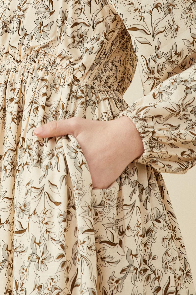 HK1506 STONE Womens Floral Border Print Smocked Square Neck Dress Side