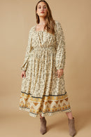 HK1506W Stone Plus Floral Border Print Smocked Square Neck Dress Full Body