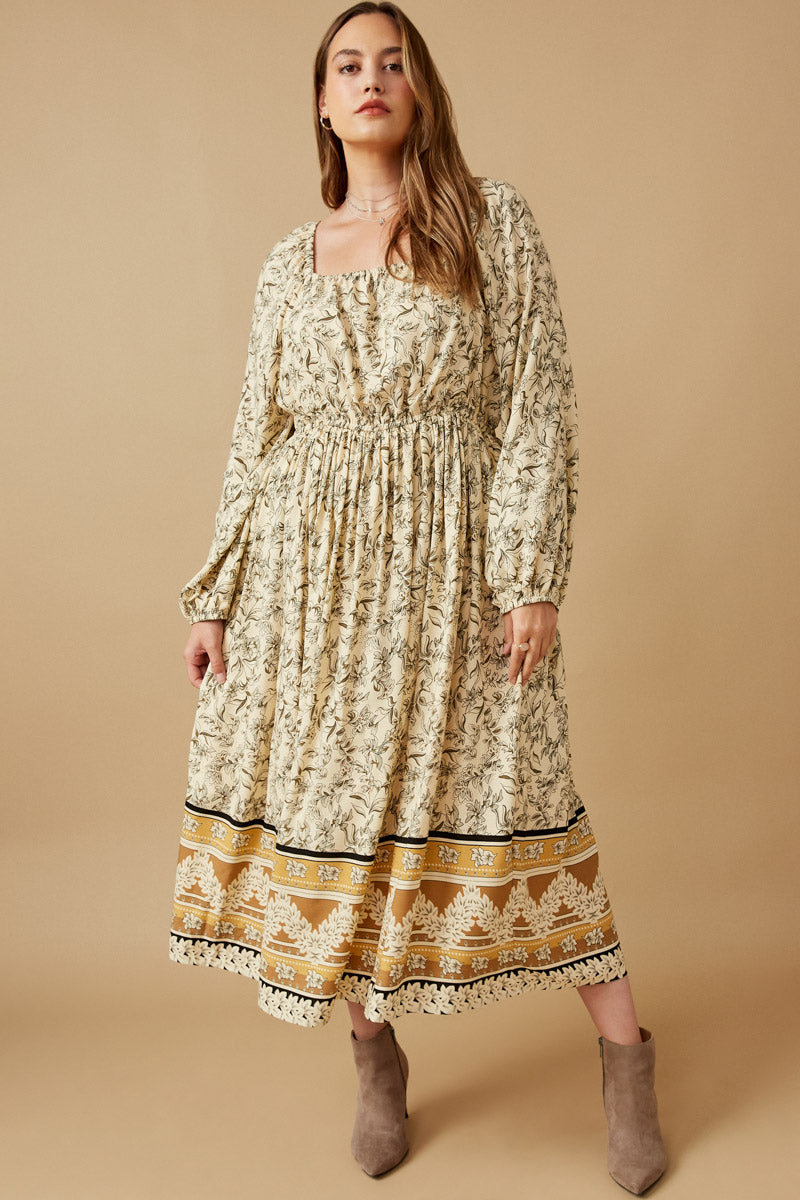 Floral Border Print Smocked Square Neck Dress