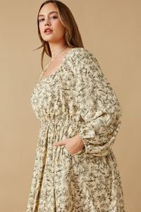 HK1506W Stone Plus Floral Border Print Smocked Square Neck Dress Gif